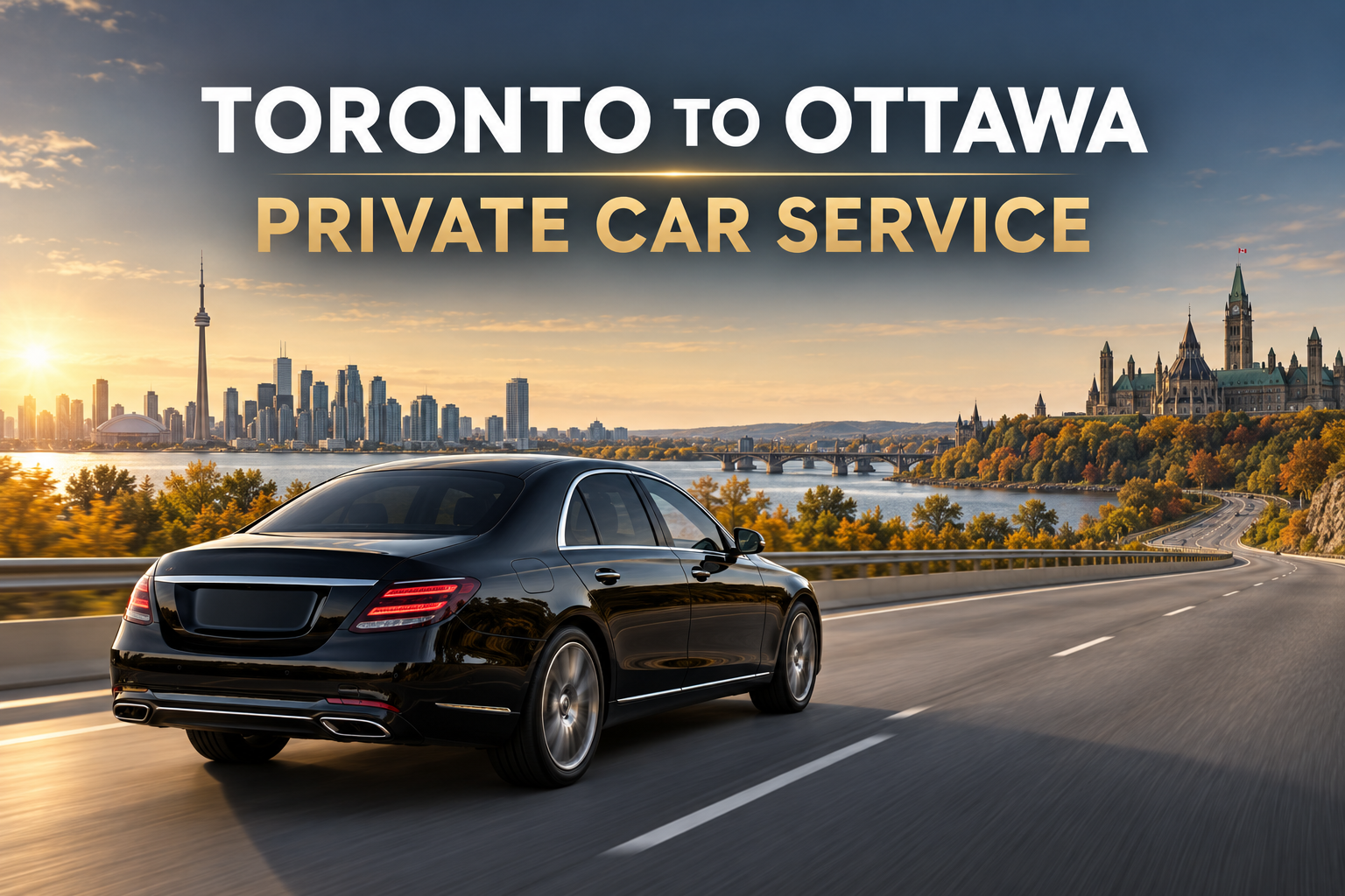 Black luxury sedan on an Ontario highway for Toronto to Ottawa private car service.