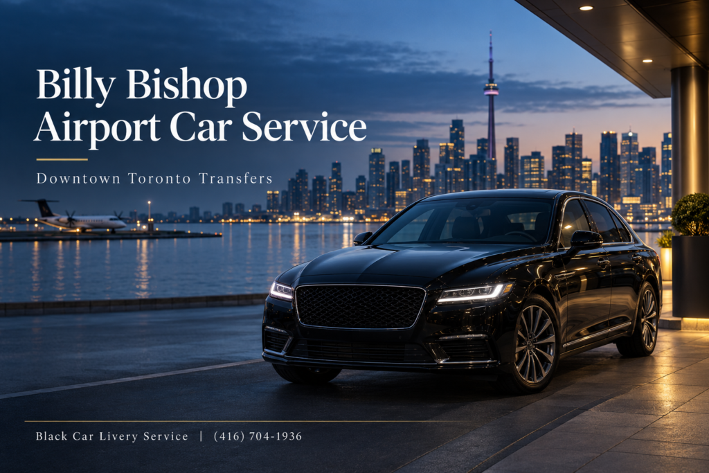 Black luxury sedan near the Toronto waterfront for Billy Bishop Airport car service