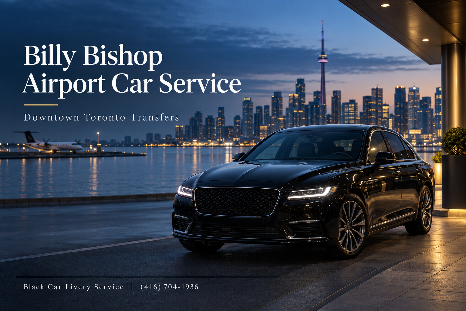 Black luxury sedan near the Toronto waterfront for Billy Bishop Airport car service