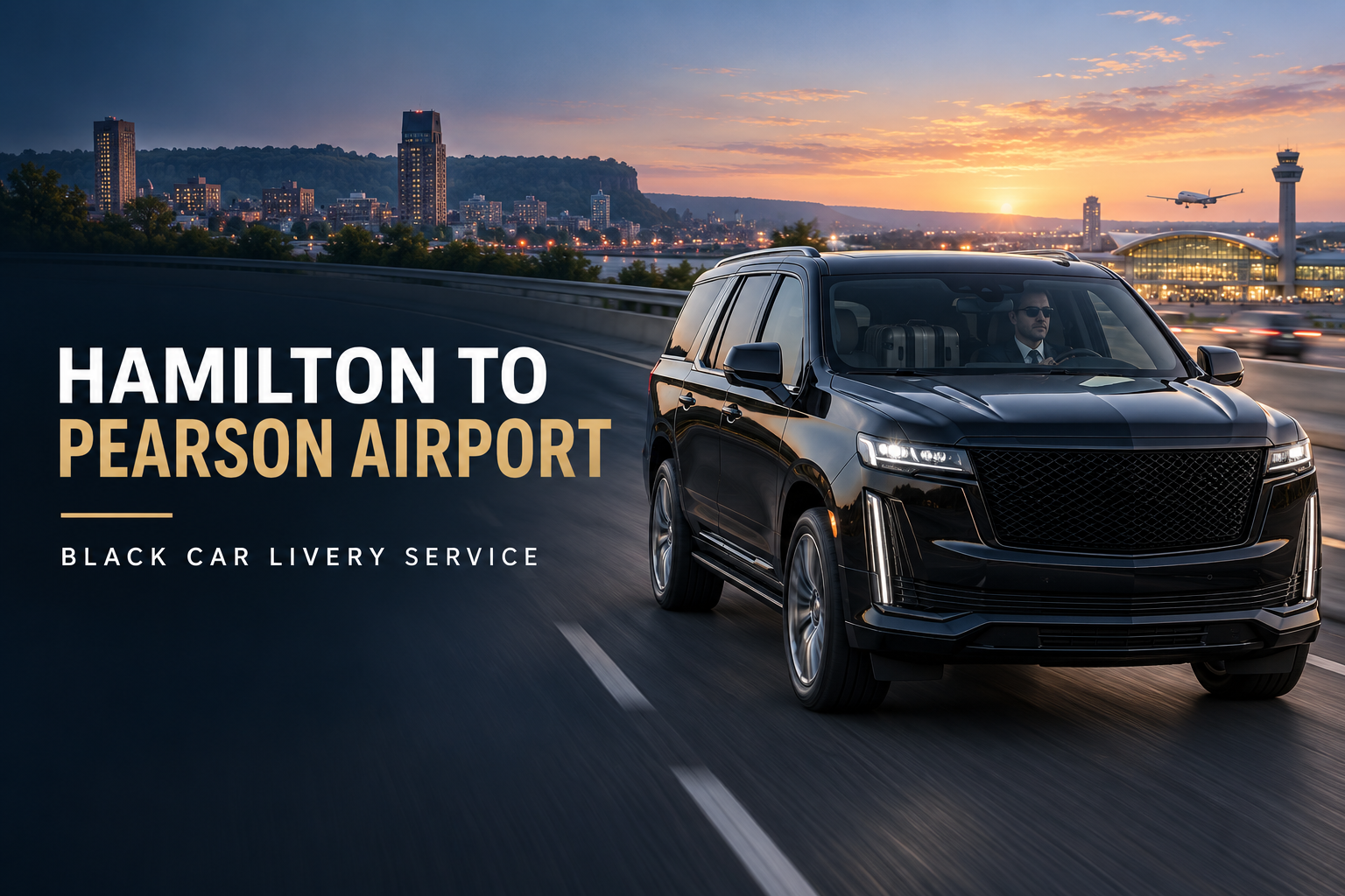 Black luxury SUV providing Hamilton to Pearson Airport limo service at sunrise