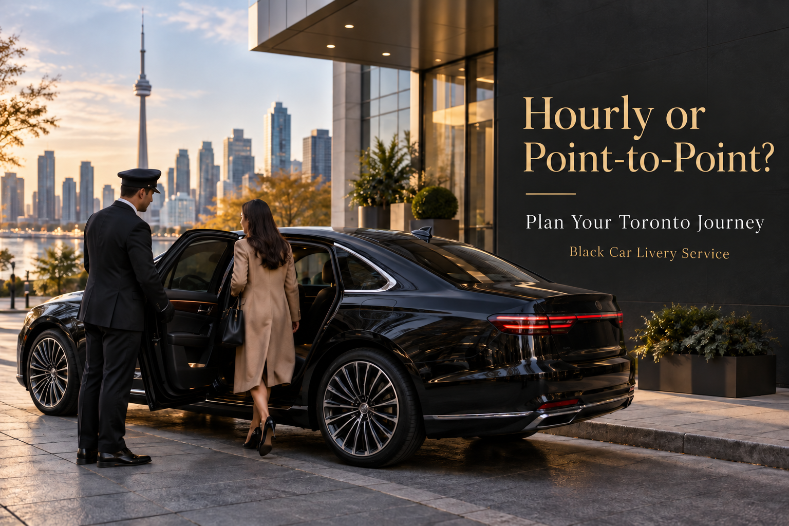 Black luxury sedan outside a Toronto office with text comparing hourly and point-to-point chauffeur bookings.