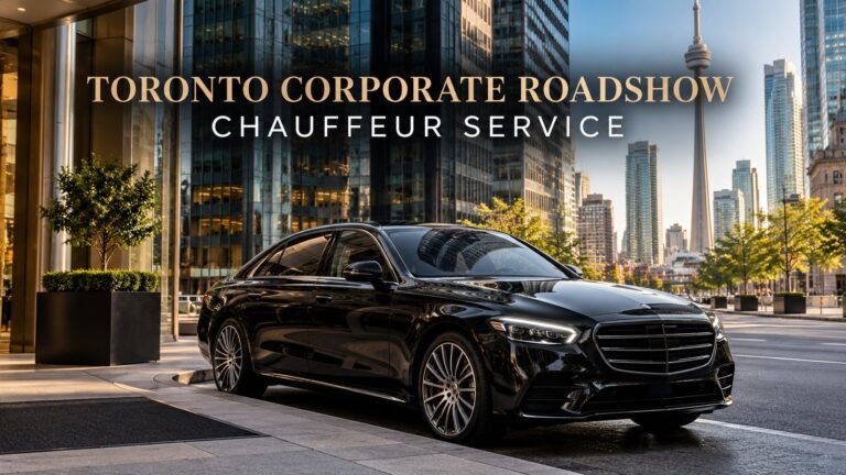 Black luxury sedan in Toronto's Financial District for corporate roadshow chauffeur service