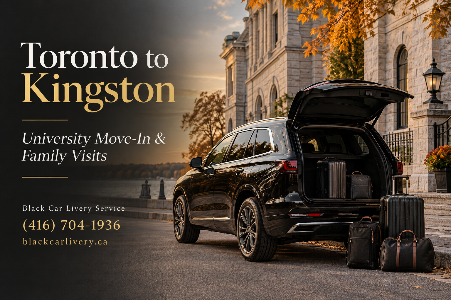 Black luxury SUV beside a limestone streetscape with Toronto to Kingston university move-in and family visits wording.