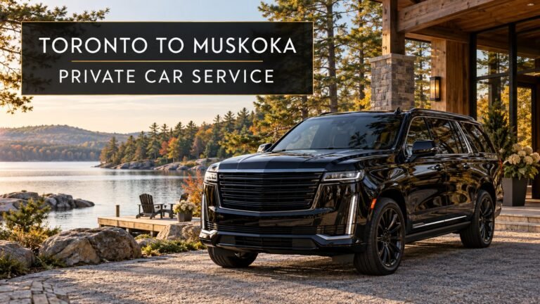 Black luxury SUV at a lakeside cottage for Toronto to Muskoka private car service