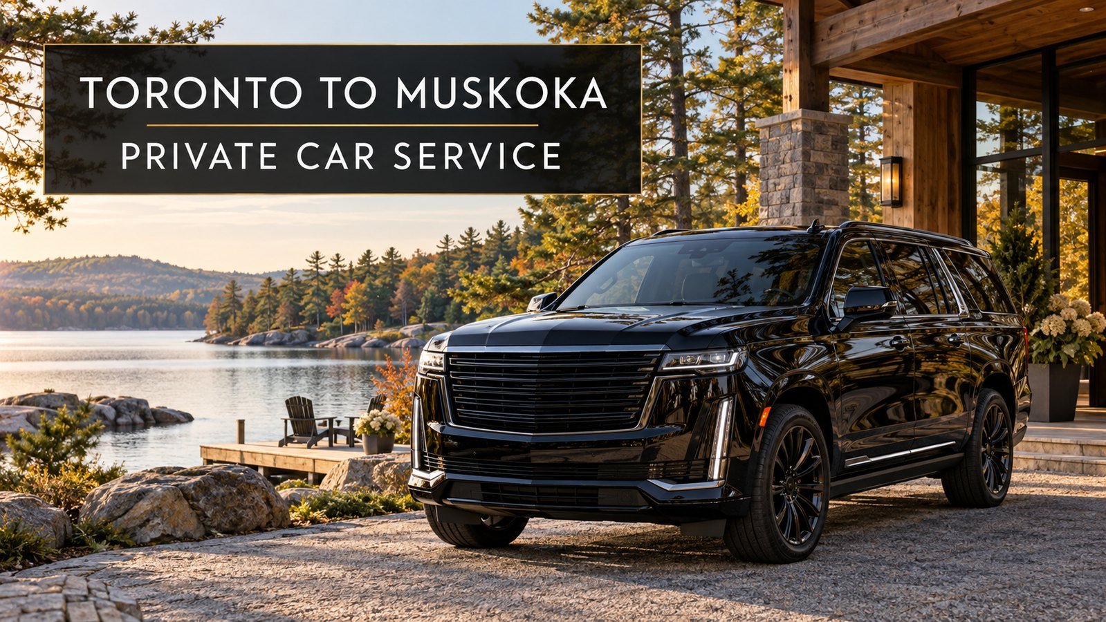 Black luxury SUV at a lakeside cottage for Toronto to Muskoka private car service