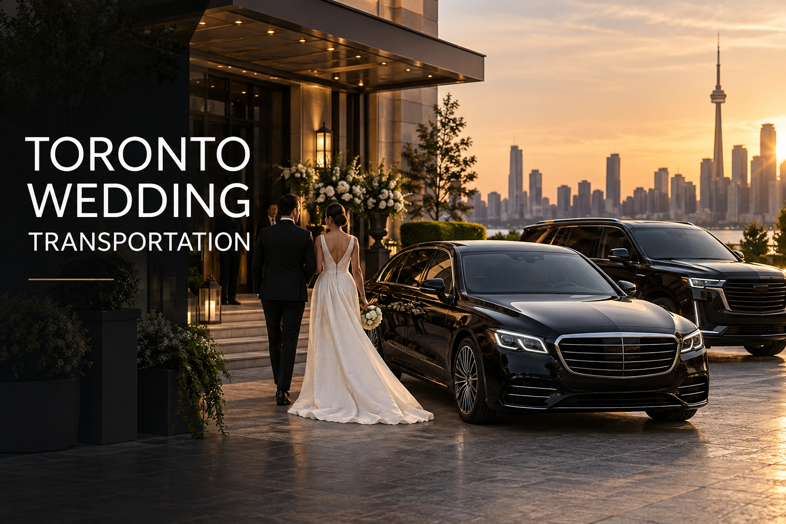 Black luxury sedan and SUV providing Toronto wedding transportation at an elegant venue